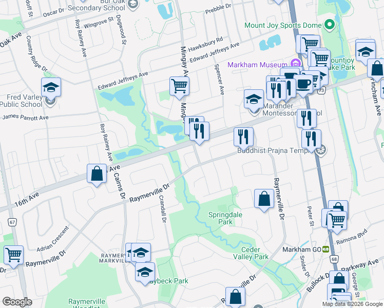 map of restaurants, bars, coffee shops, grocery stores, and more near 5 Woolen Mill Road in Markham