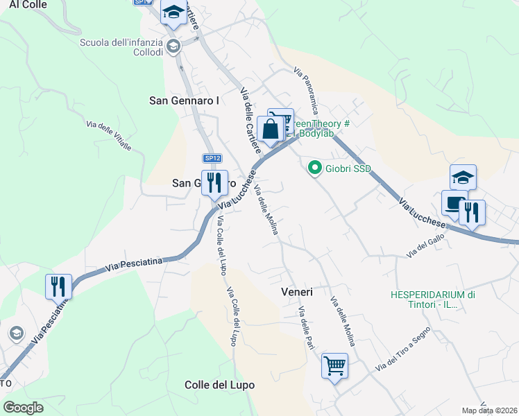 map of restaurants, bars, coffee shops, grocery stores, and more near 34 Via delle Molina in Collodi