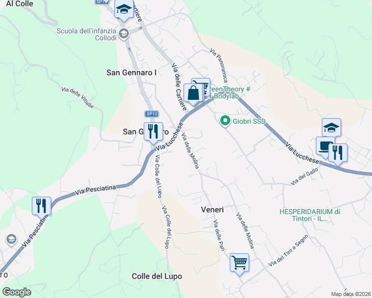 map of restaurants, bars, coffee shops, grocery stores, and more near 34 Via delle Molina in Collodi