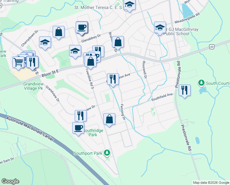 map of restaurants, bars, coffee shops, grocery stores, and more near 17 Cornish Drive in Courtice
