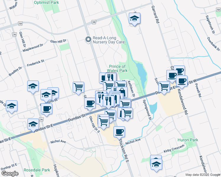 map of restaurants, bars, coffee shops, grocery stores, and more near 25 Thickson Road North in Whitby