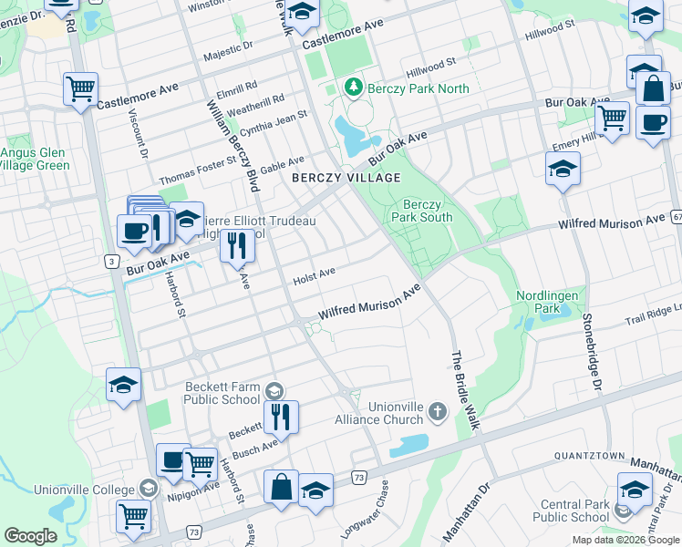 map of restaurants, bars, coffee shops, grocery stores, and more near 93 Holst Avenue in Markham