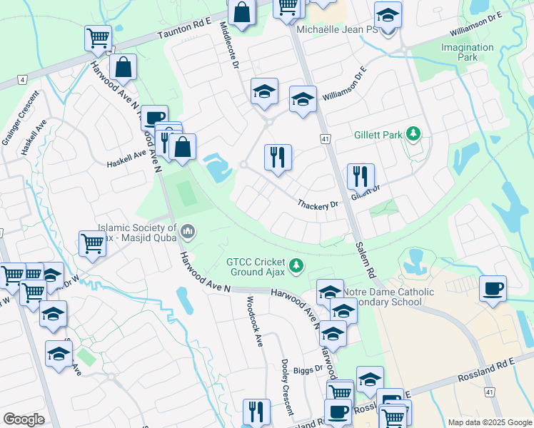 map of restaurants, bars, coffee shops, grocery stores, and more near 37 Wilsongary Circle in Ajax