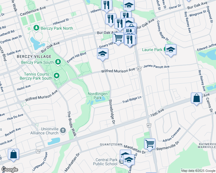 map of restaurants, bars, coffee shops, grocery stores, and more near 126 Stonebridge Drive in Markham