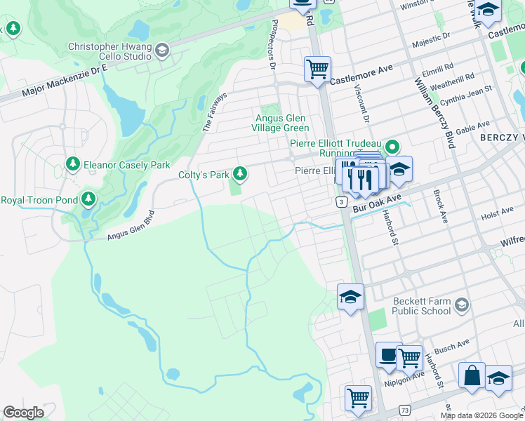 map of restaurants, bars, coffee shops, grocery stores, and more near 67 Freeman Williams Street in Markham