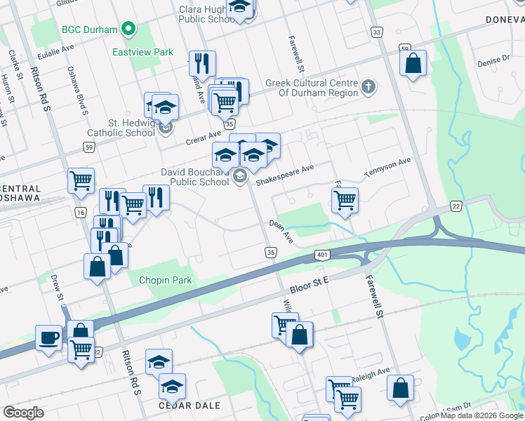 map of restaurants, bars, coffee shops, grocery stores, and more near 521 Wilson Road South in Oshawa