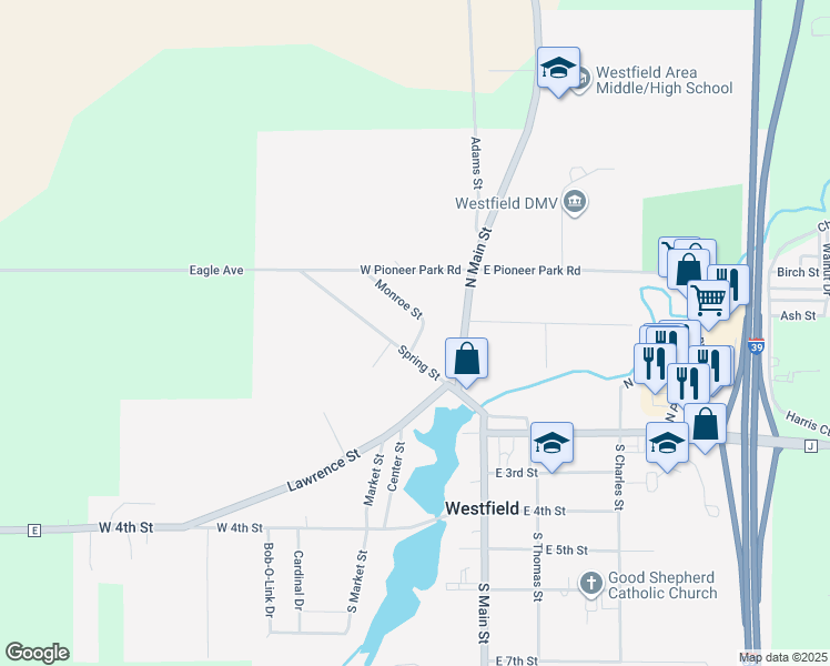 map of restaurants, bars, coffee shops, grocery stores, and more near 237 Monroe Street in Westfield