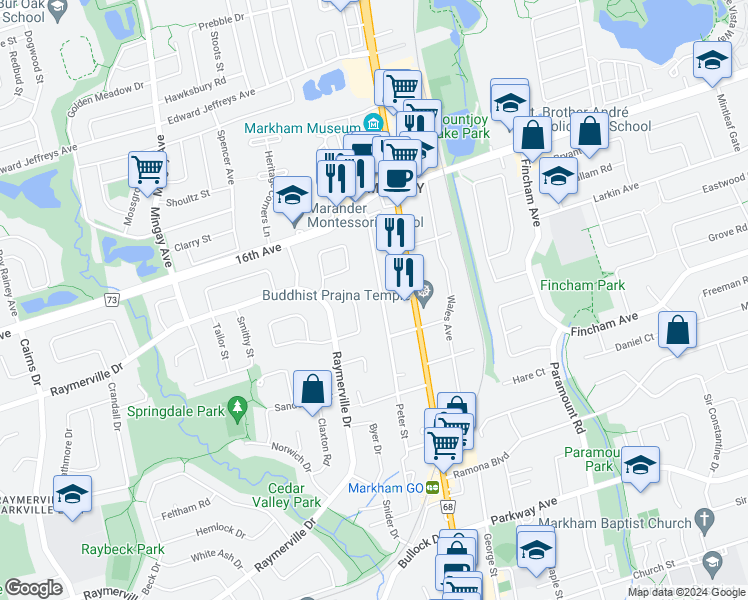 map of restaurants, bars, coffee shops, grocery stores, and more near 57 Peter Street in Markham