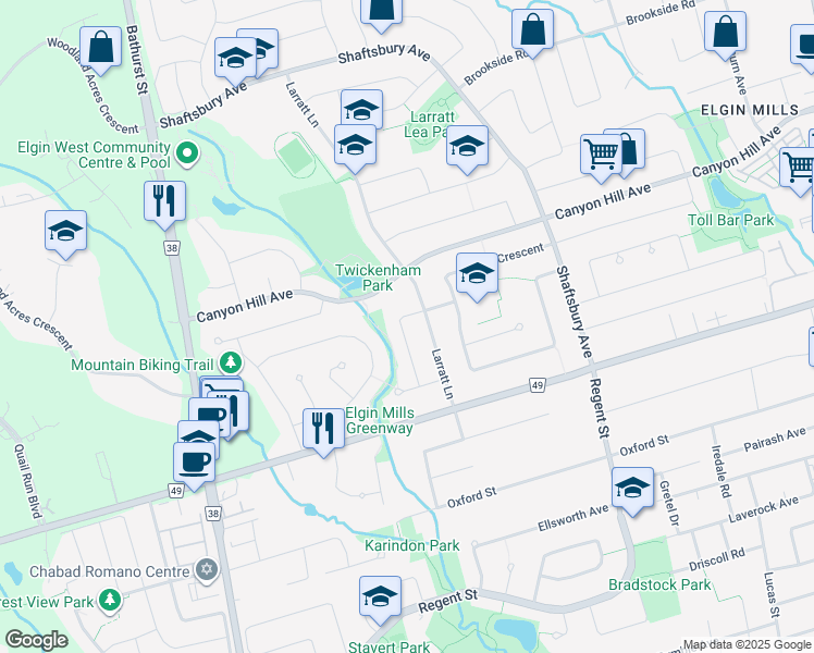 map of restaurants, bars, coffee shops, grocery stores, and more near 21 Waterhouse Way in Richmond Hill
