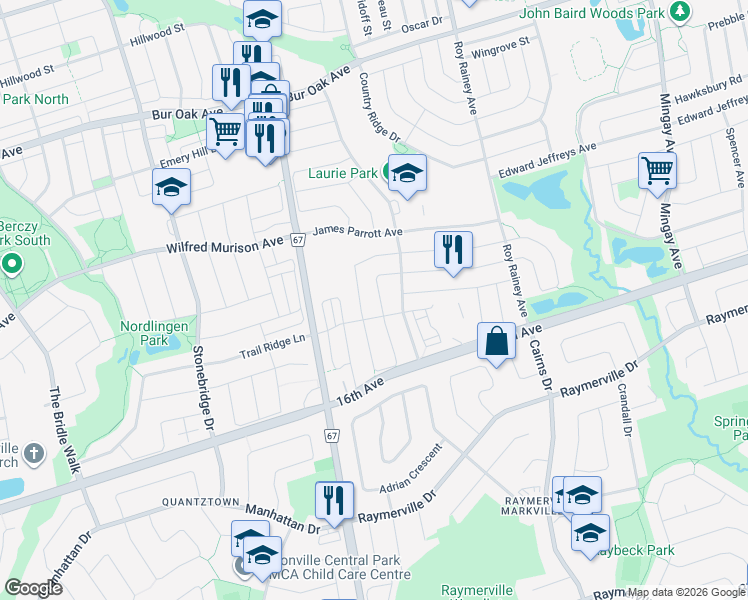 map of restaurants, bars, coffee shops, grocery stores, and more near in Markham