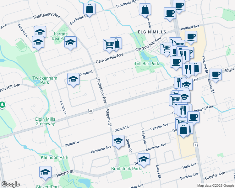 map of restaurants, bars, coffee shops, grocery stores, and more near 19 Cooperage Crescent in Richmond Hill