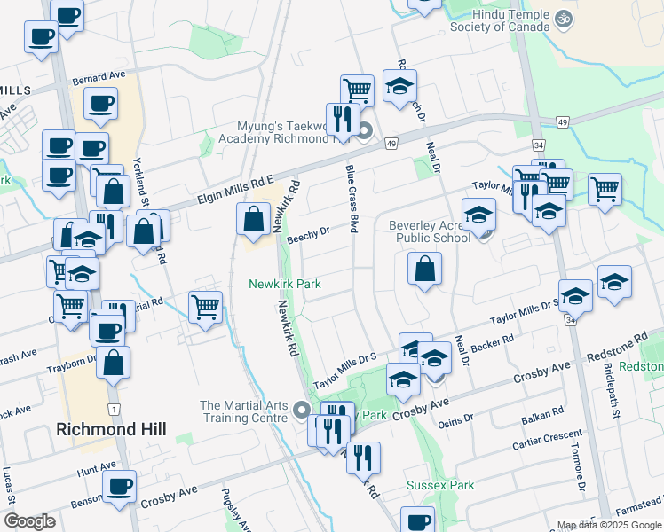 map of restaurants, bars, coffee shops, grocery stores, and more near 237 Ashlar Road in Richmond Hill