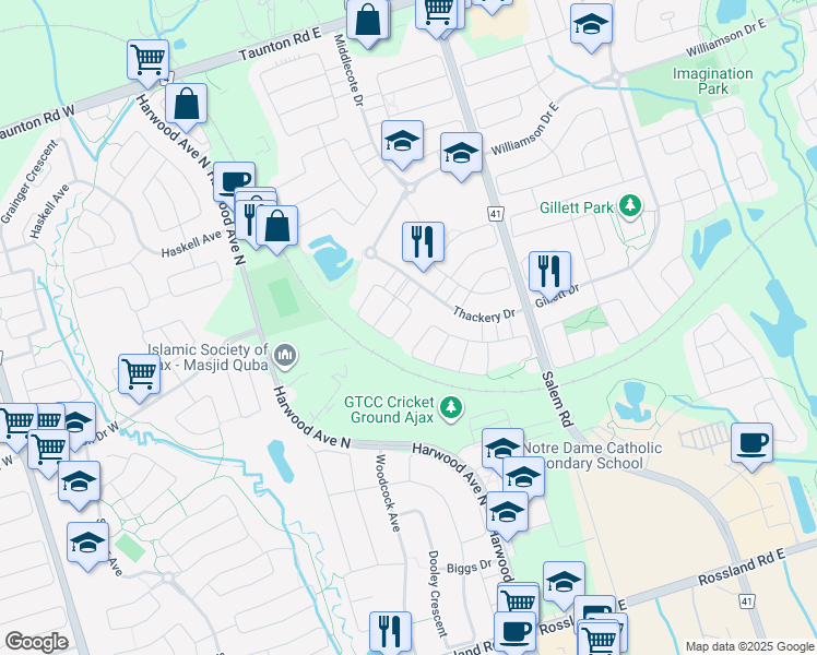 map of restaurants, bars, coffee shops, grocery stores, and more near 39 Wilsongary Circle in Ajax