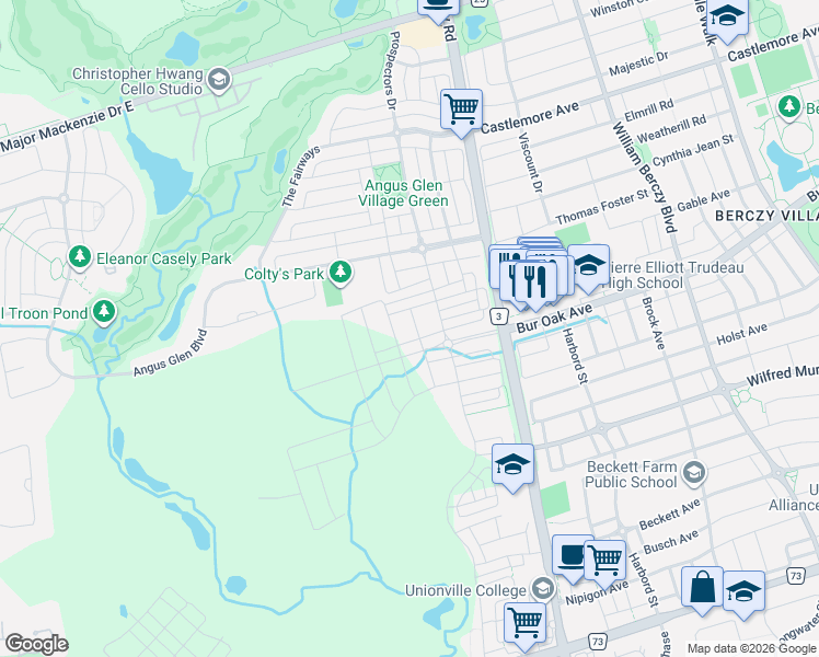 map of restaurants, bars, coffee shops, grocery stores, and more near 32 Jessica Antonella Street in Markham