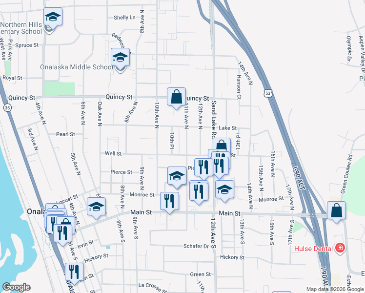 map of restaurants, bars, coffee shops, grocery stores, and more near 511 11th Ave N in Onalaska