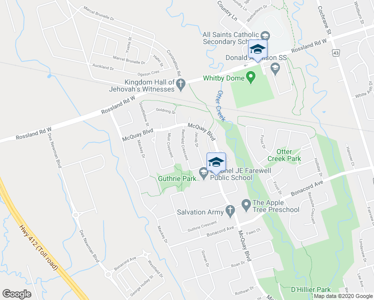 map of restaurants, bars, coffee shops, grocery stores, and more near 25 Renfield Crescent in Whitby
