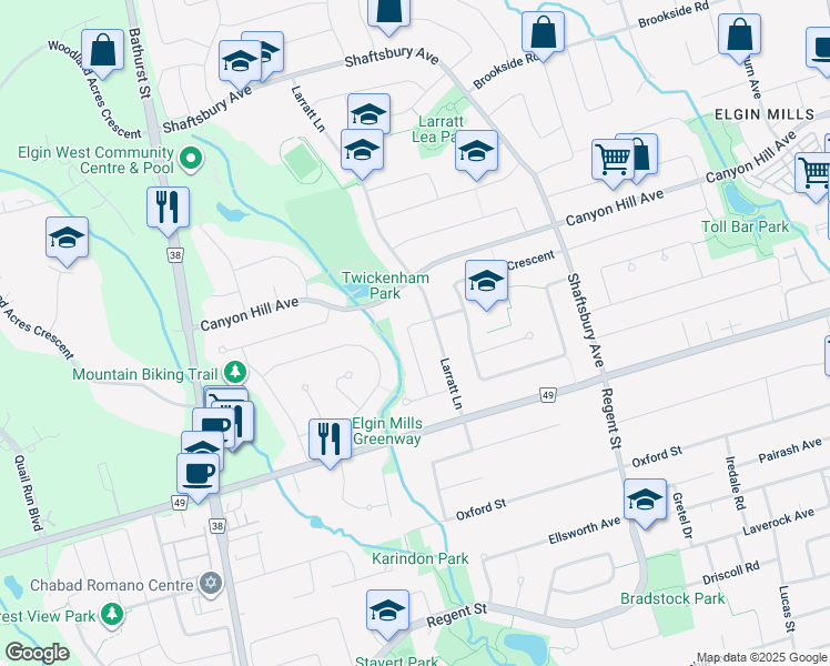 map of restaurants, bars, coffee shops, grocery stores, and more near 21 Waterhouse Way in Richmond Hill
