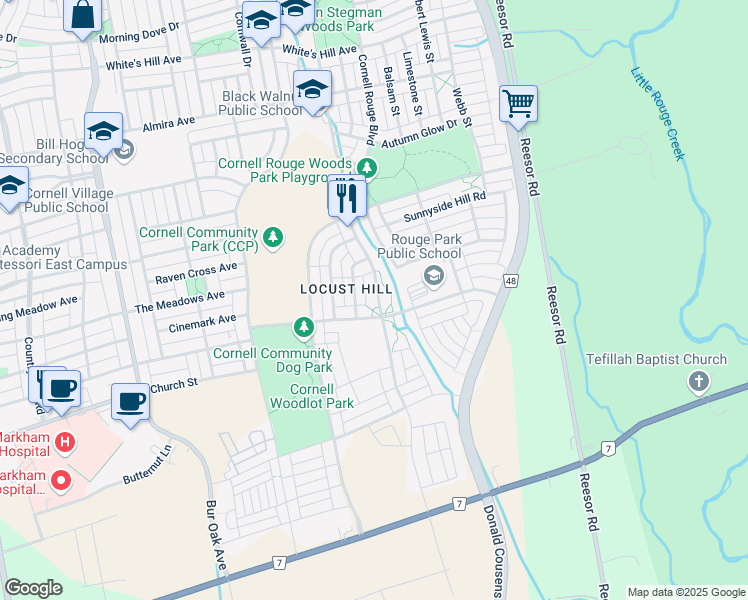 map of restaurants, bars, coffee shops, grocery stores, and more near 500 Cornell Rouge Boulevard in Markham