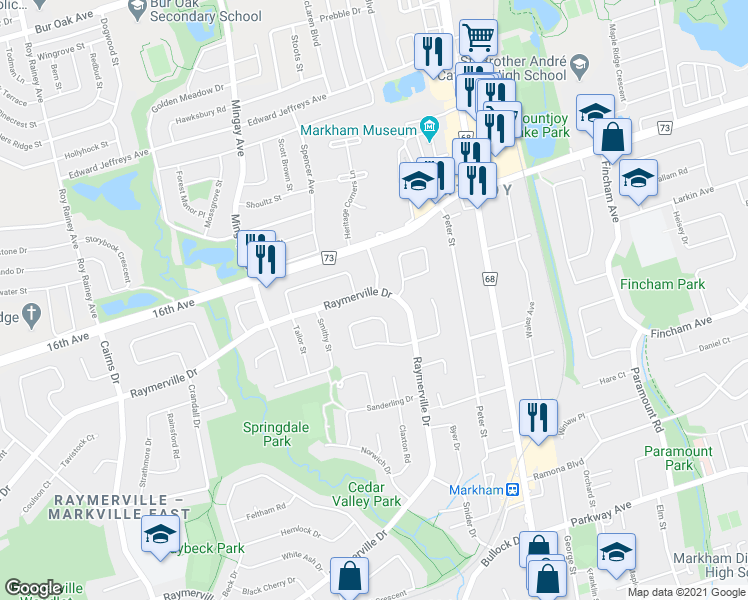 map of restaurants, bars, coffee shops, grocery stores, and more near 326 Raymerville Drive in Markham