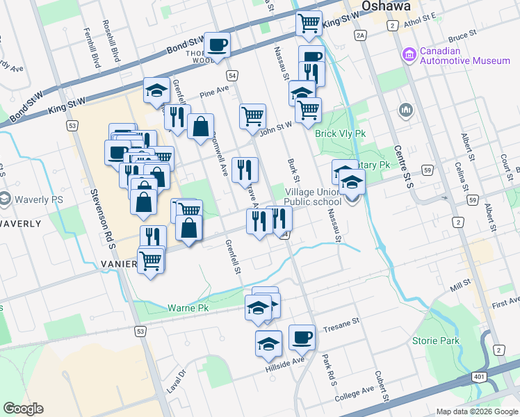 map of restaurants, bars, coffee shops, grocery stores, and more near 293 Frontenac Avenue in Oshawa