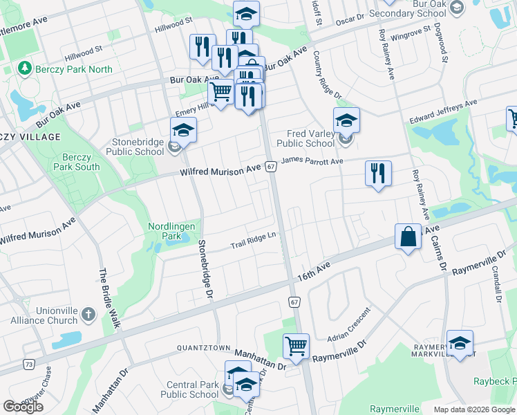 map of restaurants, bars, coffee shops, grocery stores, and more near 13 Sharon Lee Drive in Markham