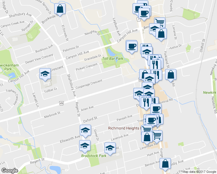 map of restaurants, bars, coffee shops, grocery stores, and more near 172 Elgin Mills Road West in Richmond Hill