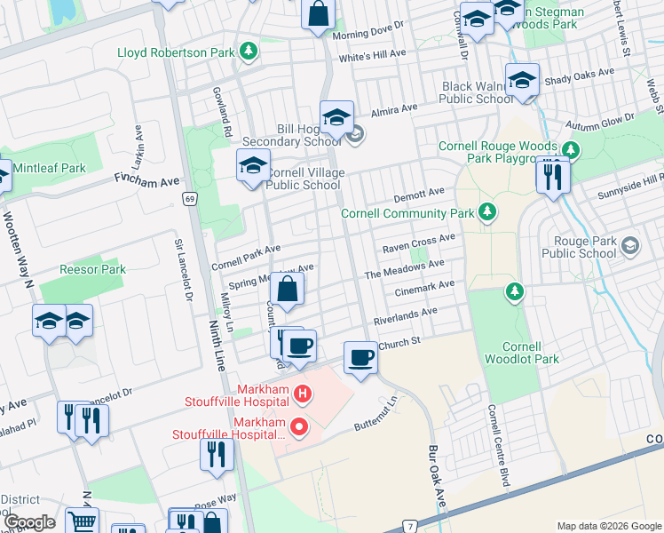 map of restaurants, bars, coffee shops, grocery stores, and more near 73 Walkerville Road in Markham
