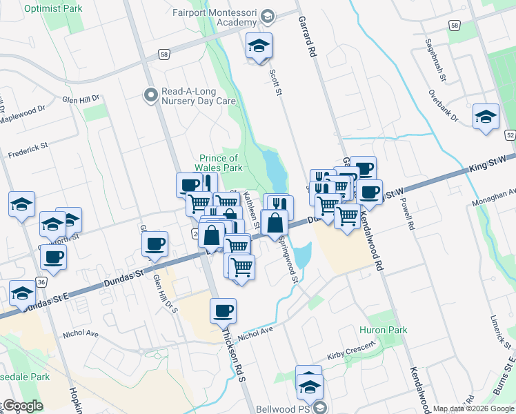 map of restaurants, bars, coffee shops, grocery stores, and more near 101 Kathleen Street in Whitby