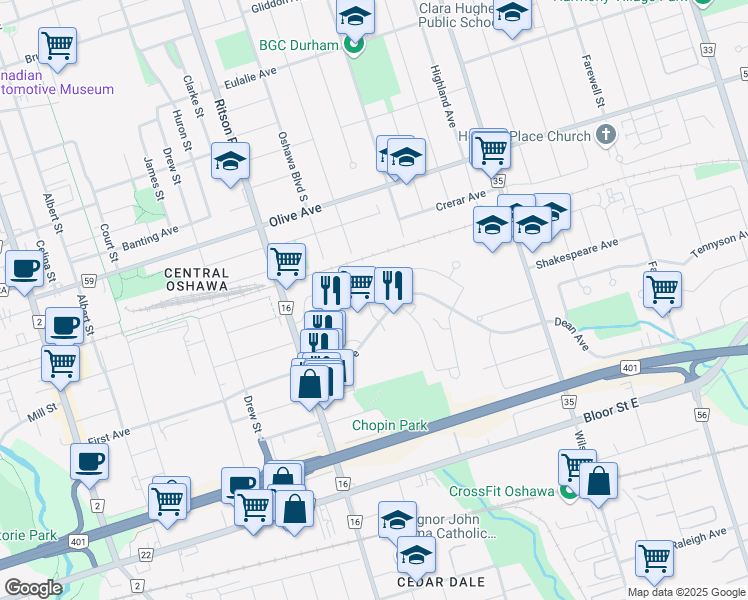 map of restaurants, bars, coffee shops, grocery stores, and more near in Oshawa