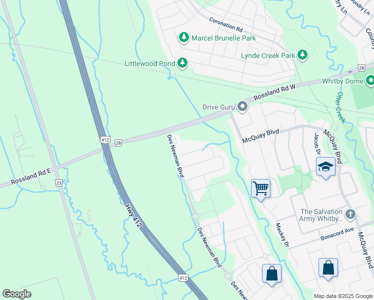 map of restaurants, bars, coffee shops, grocery stores, and more near 925 Rossland Road West in Whitby