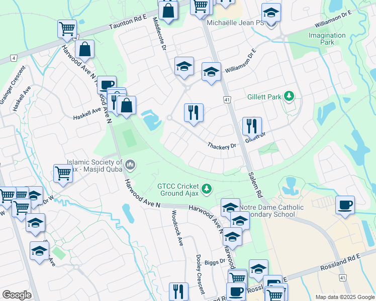 map of restaurants, bars, coffee shops, grocery stores, and more near 37 Wilsongary Circle in Ajax