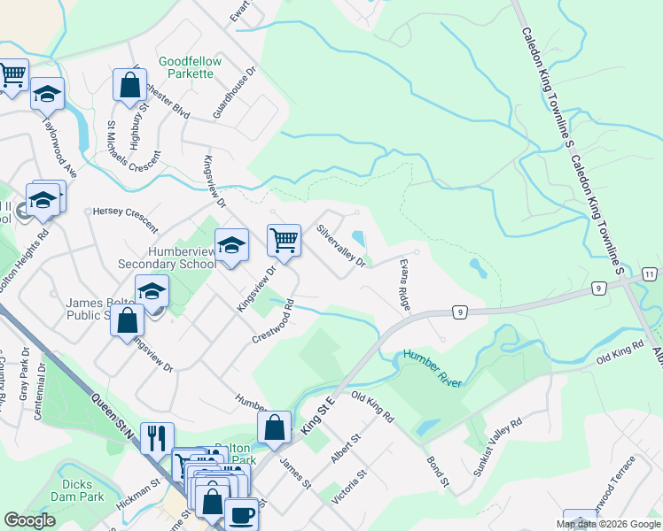 map of restaurants, bars, coffee shops, grocery stores, and more near 31 Christensen Avenue in Caledon