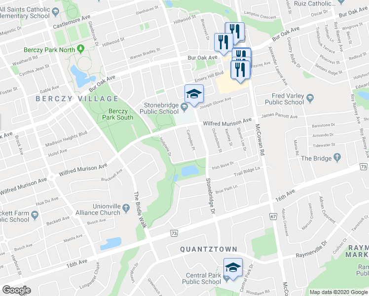 map of restaurants, bars, coffee shops, grocery stores, and more near 11 Barkwood Hollow in Markham