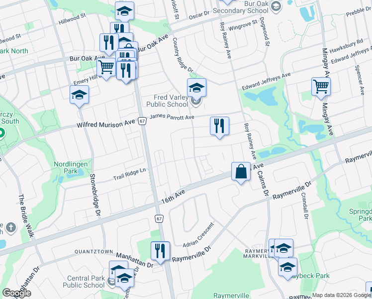 map of restaurants, bars, coffee shops, grocery stores, and more near 25 Maria Road in Markham