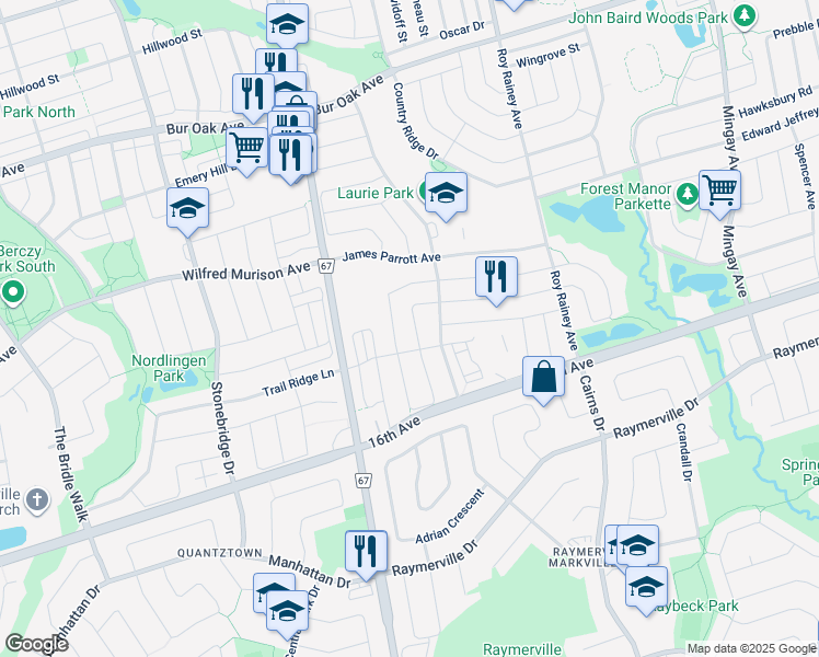 map of restaurants, bars, coffee shops, grocery stores, and more near 26 Maria Road in Markham