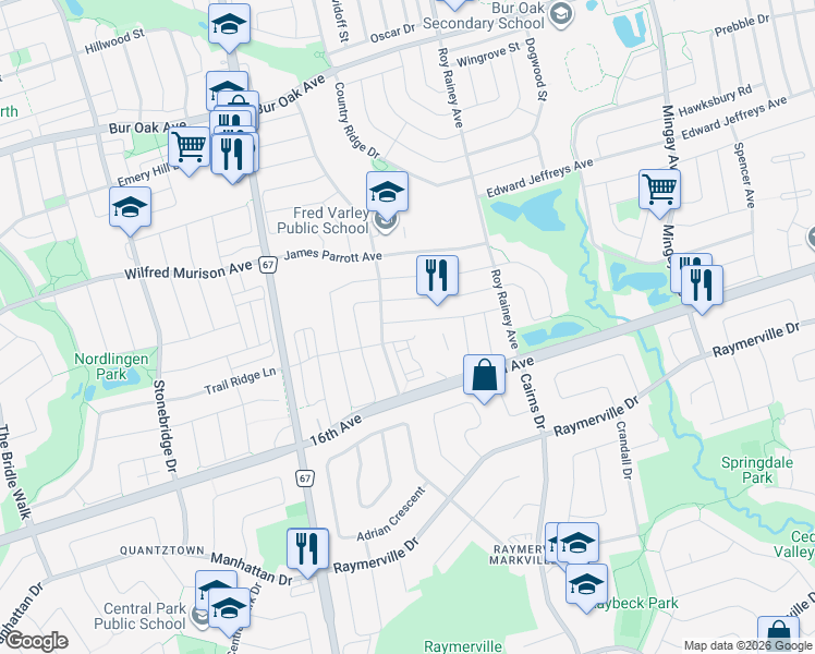 map of restaurants, bars, coffee shops, grocery stores, and more near 59 Tidewater Street in Markham