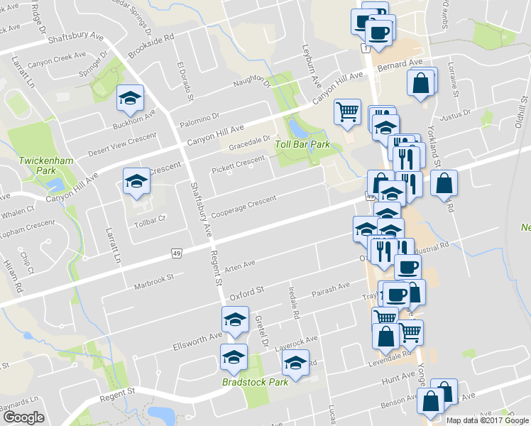 map of restaurants, bars, coffee shops, grocery stores, and more near 210 Elgin Mills Road West in Richmond Hill
