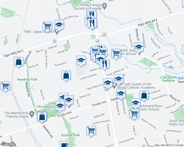 map of restaurants, bars, coffee shops, grocery stores, and more near 485 Lynett Crescent in Richmond Hill