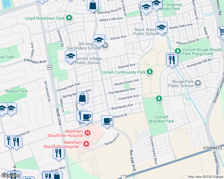 map of restaurants, bars, coffee shops, grocery stores, and more near 60 Terry Fox Street in Markham