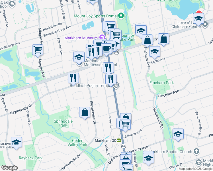 map of restaurants, bars, coffee shops, grocery stores, and more near 57 Peter Street in Markham