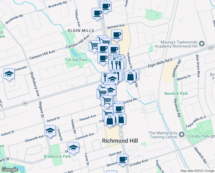 map of restaurants, bars, coffee shops, grocery stores, and more near in Richmond Hill