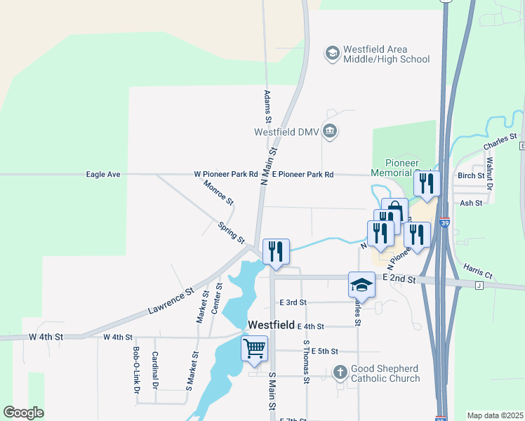 map of restaurants, bars, coffee shops, grocery stores, and more near 250 North Main Street in Westfield
