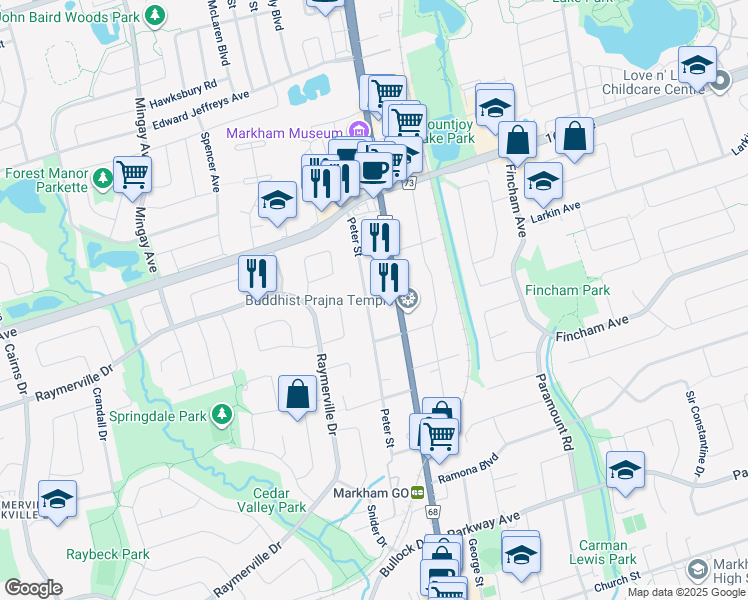 map of restaurants, bars, coffee shops, grocery stores, and more near 57 Peter Street in Markham