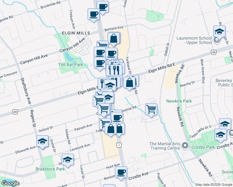 map of restaurants, bars, coffee shops, grocery stores, and more near in Richmond Hill