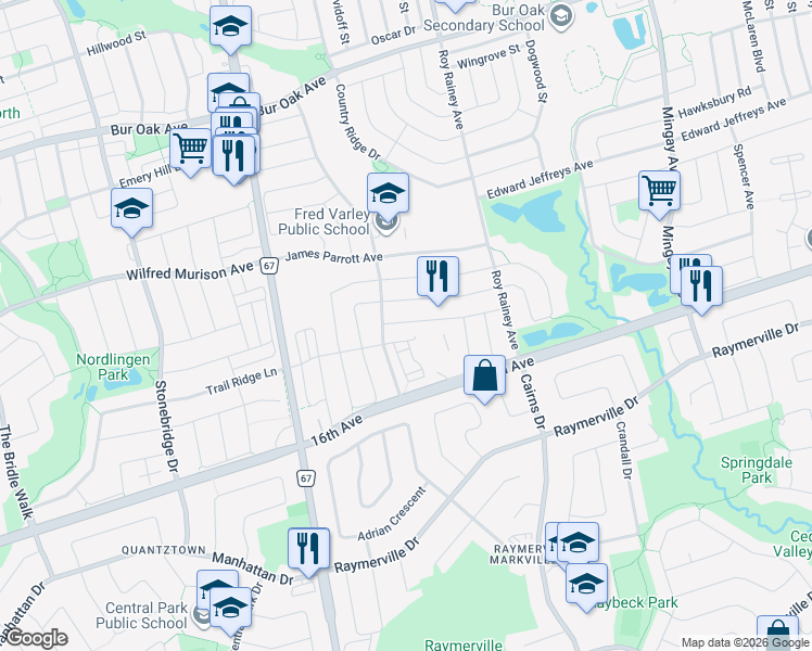 map of restaurants, bars, coffee shops, grocery stores, and more near 59 Tidewater Street in Markham