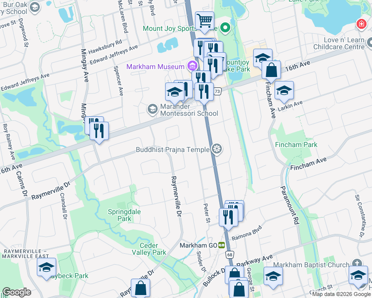 map of restaurants, bars, coffee shops, grocery stores, and more near 33 Carpenter Court in Markham