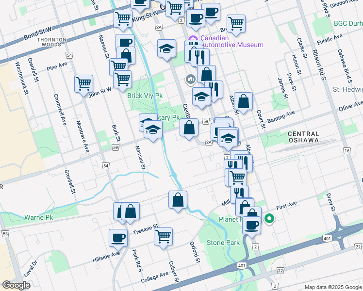 map of restaurants, bars, coffee shops, grocery stores, and more near 77 Fairbanks Street in Oshawa