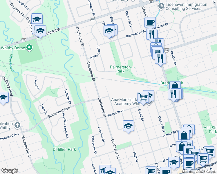 map of restaurants, bars, coffee shops, grocery stores, and more near in Whitby