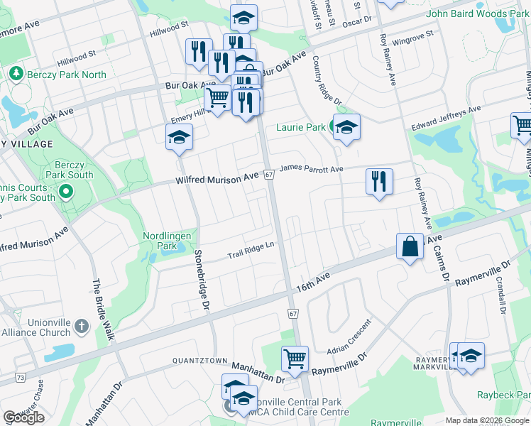 map of restaurants, bars, coffee shops, grocery stores, and more near 92 Irish Rose Drive in Markham