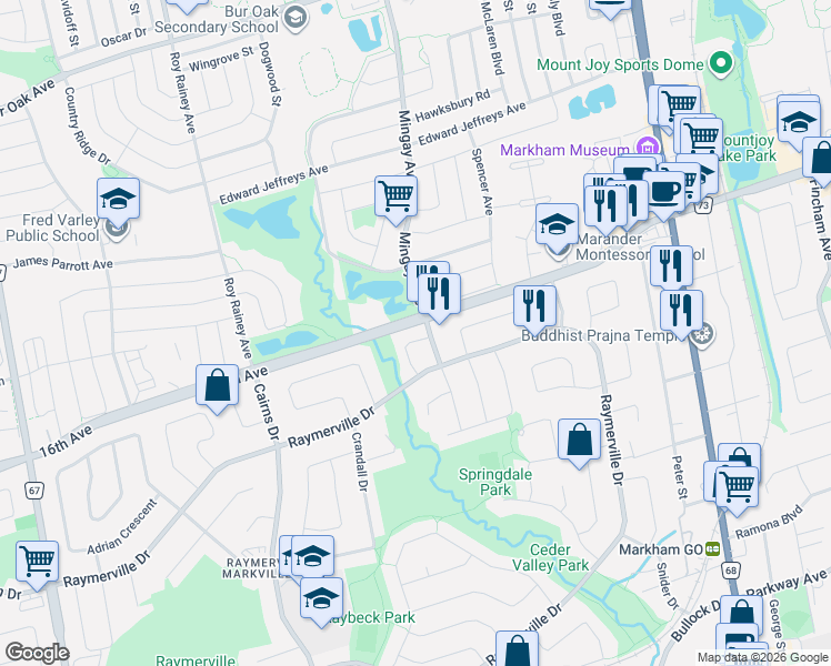 map of restaurants, bars, coffee shops, grocery stores, and more near in Markham
